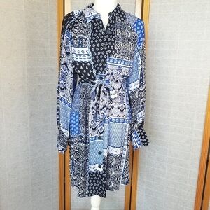 Calvin Klein Size 6 Shirt Dress Blue Patchwork Bandana Print Long Sleeves Belted